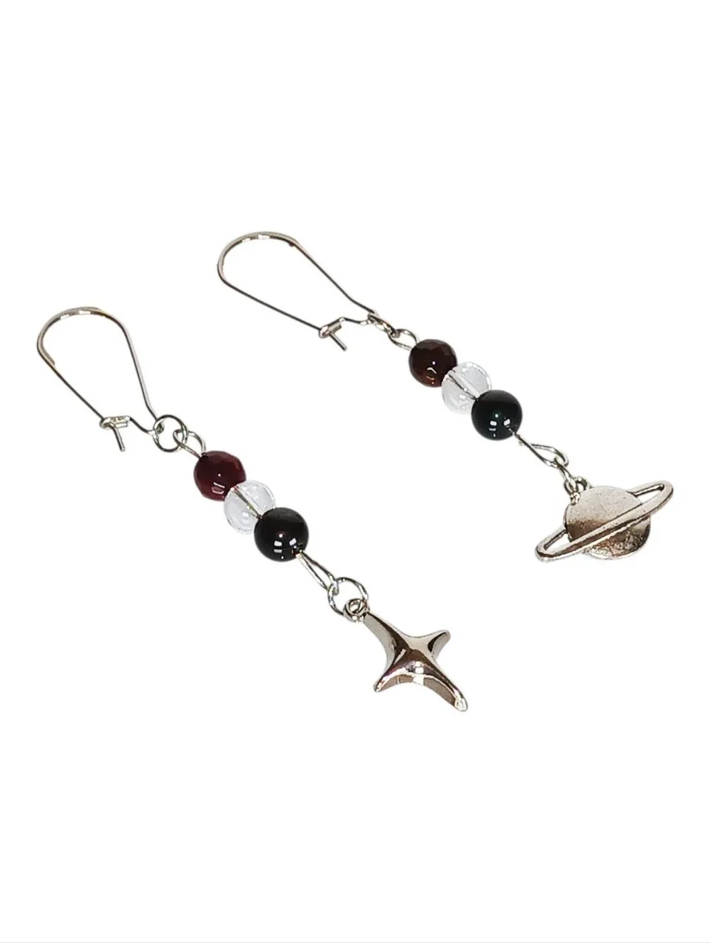 Silver Planet and Star Hypoallergenic Earrings Obsidian Agate Clear Quartz 60s